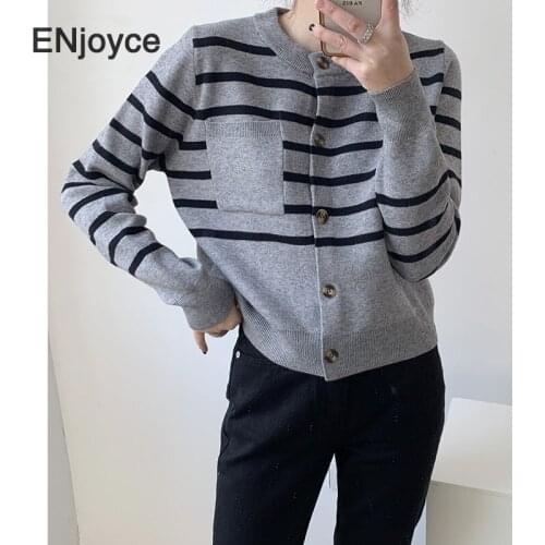 Vintage Grey Striped Single Breasted Sweater Women Korean Style Loose Cropped Tops Fashion Knitted Cardigans Coat Spring 2021