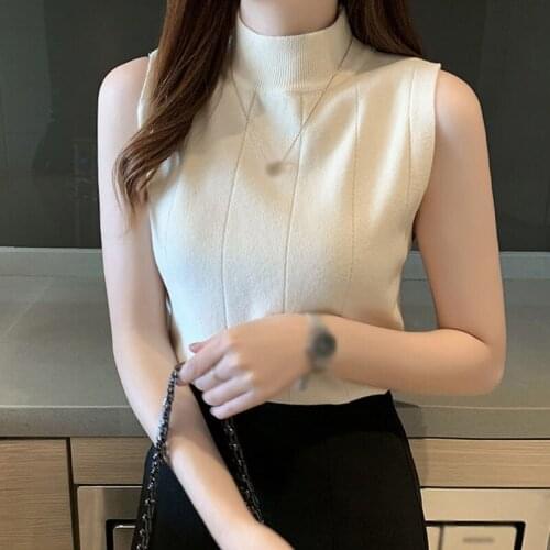 Women Solid Color Half Turtleneck Pullover Top T-Shirt Solid Color Fashion Slim Knitted Sleeveless Top