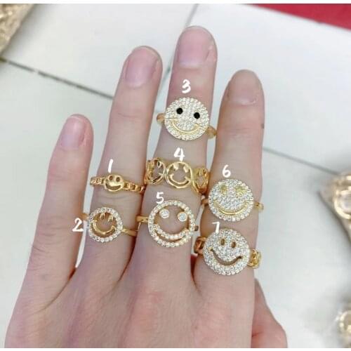 10Pcs Gold Plated zirconia cz pave smile smiley happy face lovely Ring for Women Fashion Jewelry Wholesale