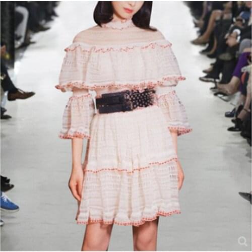 Mesh Embroidery Women Fashion Lotus leaf Flare Sleeve Belt Dress Vestidos 2020 Newest Design Runway Christmas Party Mini Dresses