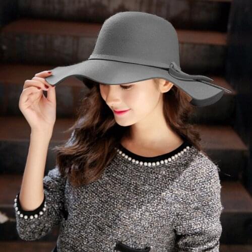 Winter Hats For Women Female Girls Fashion Wide Brim Bucket Fedoras Caps Elegant Lady New Stylish Winter Wool Fedoras Hat