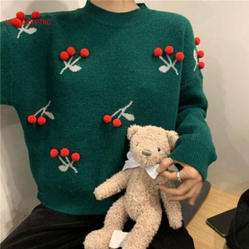 Winter Women Xmas Cute 3D Cherry Sweaters Knitted Crocheted Sweater Shirts Pullovers Long-sleeved Crop Tops Red Mujer Invierno