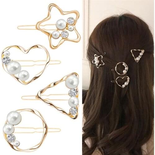 1pc Fake Pearl Hair Pin Rhinestone Star Decor Hairpin Bobby Pin Geometric Hair Clip For Ladies Women Girls Hair Accessories