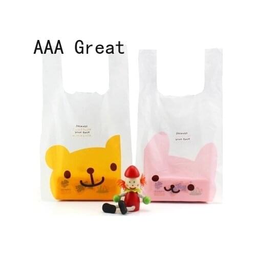 100Pcs/Lot Carry Out Bag Retail Supermarket Grocery Shopping Plastic Bags Handle Food Packaging Bear Rabbit Clothes Pouches Shoe