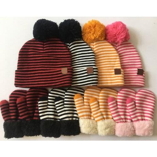 2pcs Infant Baby Striped Wool Beanie Hat Gloves Mitten Set Fake Ball Pom Pom Cap Y1QD