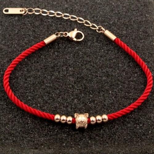 2019 Golden Pig Zodiac 6 beads Red Rope Charm Bracelet , Titanium Steel Rose gold color Cute piggy Fortune Hand Jewelry