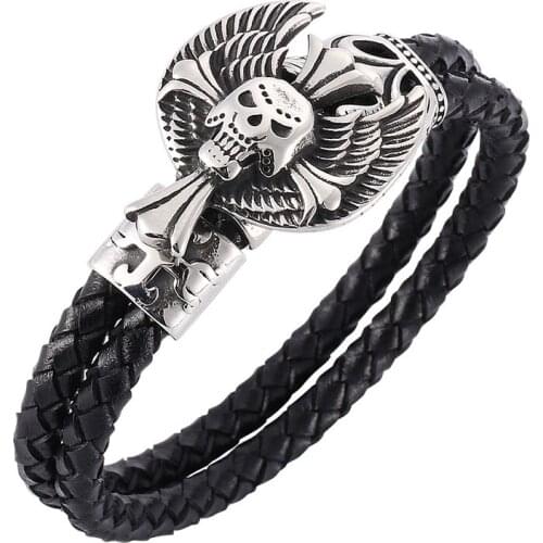 2020 Punk Black Double Layer Braided Leather Bracelet Men Wing Cross Skull Clasp Male Jewelry Gifts S757