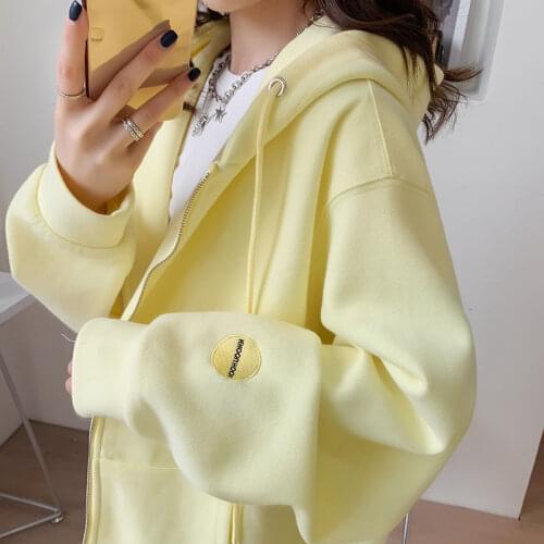 Basic Jackets Solid Students 2020 Korean Style Loose Chic Leisure Womens Zipper Coats Female Zip Up Hooded Outwear Sweatshirt