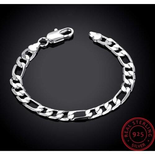Hot Sale 8MM/6MM Men Figaro Chain Bracelet 925 Silver Cuff Bangles 925 Sterling Silver Fine Jewelry 8 Inch Link Bracelet for Men