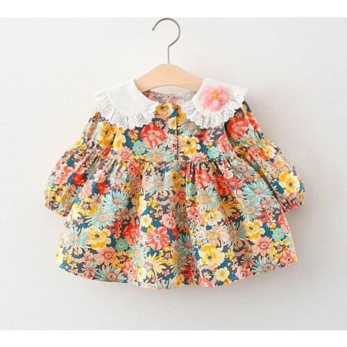 Long Sleeve Kids Dress For Girl 2021 Floral Peter Pan Collar Spring Autumn Childrens Boutique Clothing Birthday Toddler Costumes