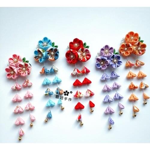 Ancient Style Cosplay Sakura Tsumami zaiku Kanzashi Hairpin Hanfu Kimono Yukata Tassels Bell Hair clip Girl Hair Accessories