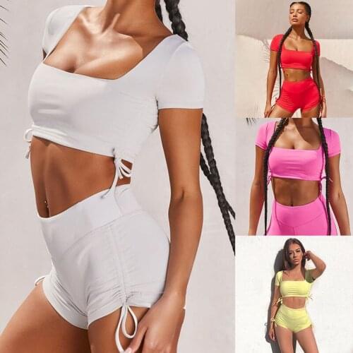 Elastic Crop Top Set and Drawstring Shorts Backless Hollow Sexy 2 Pieces Set Home Clothes Tracksuit Outfit