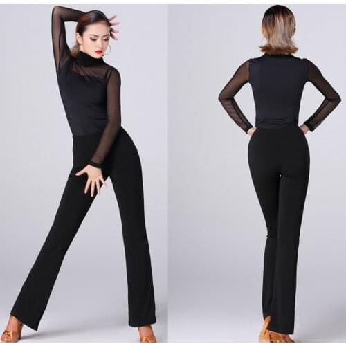 Latin Dance Clothes Set Tops Pants Black Sexy Mesh Long Sleeve Top Dance Trousers Ballroom Dance Competition Dresses Body Suit