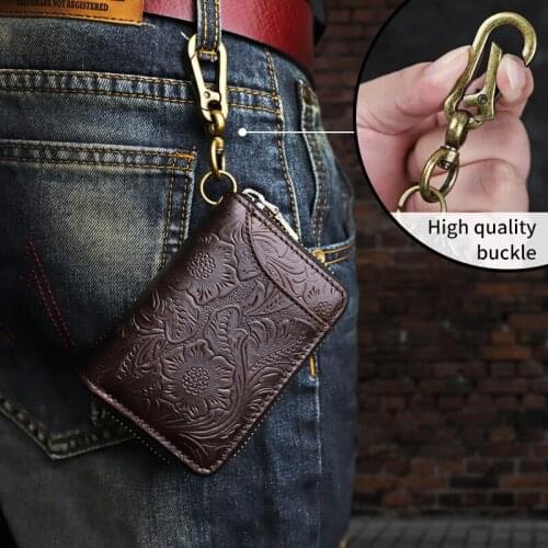 RFID Blocking Handmade Genuine Leather Key Wallet 6 Keychains Housekeeper Car Key Holder Card Slot Mini Coin Purse With Zipper