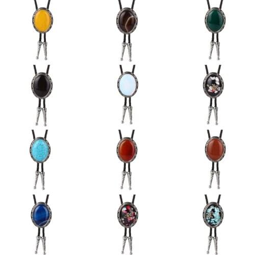 Natural Stone Round shape Bolo Tie For Man Western cowboy Necktie Distinguished Bow Tie Leather Collar Rope Ladies Accessories