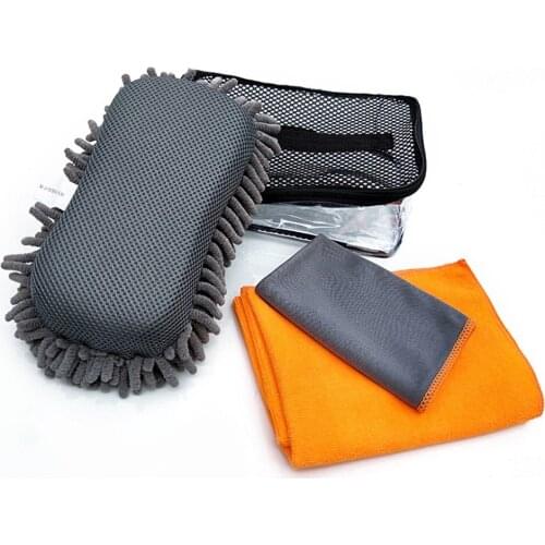 Car Wash Towel Sponge Set 4-piece Set Auto Cleaning Tools Superfine Fiber+Polyester Soft Towel Sponge With Bag For Car Wipe