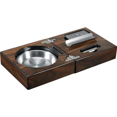 New Nice Portable MirageBlack Folding Stainless steel Smoke Slot Soild Wood Cigar Ashtray with Cigar Cutter Cigar Punch