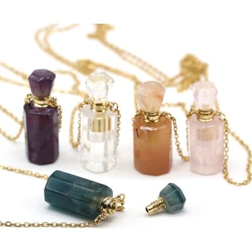 Natural Stone Perfume Bottle Pendant Necklace Rose Quartzs Lapis Lazulis Necklaces For Jewelry Gift Length 66+5cm Size 15x38mm