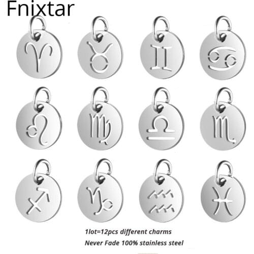 Fnixtar Stainless Steel 12mm Zodiac Charm Pendants for Jewelry Making Never Fade 12 Signs Constellation Metal Charms 12pcs/lot