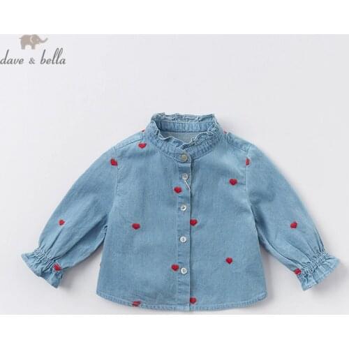DB12975 dave bella spring baby girls cute love embroidery ruched shirts infant toddler tops children high quality clothes