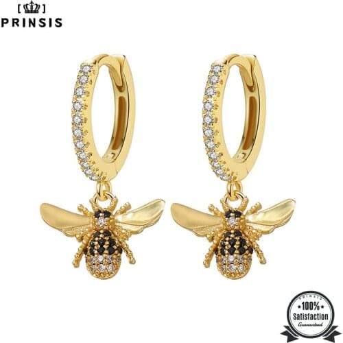 PrinSis Copper Women Fashion Earrings Bee Cz Crystal Charms Hoop Earrings Birthday Gift For Girls Korean Jewelry P020