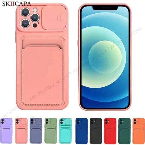 Slide Camera Lens Protective Card Holder Phone Case For iPhone12 11 Pro Max 12MINI X XR XS Max 7 8P Candy Color Shockproof Cover