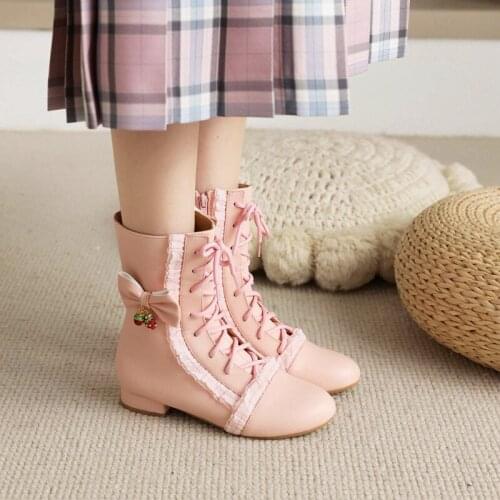 YQBTDL Vintage Girls Japanese Lolita Ankle Boots Women Strawberry Pendant Square Heel JK Colsplay Party Bow Princess Shoes 2022