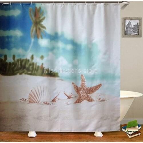 Beach Starfish Shell Design Custom Shower Curtain Bathroom Waterproof Mildewproof Polyester Fabric With 12 Hooks