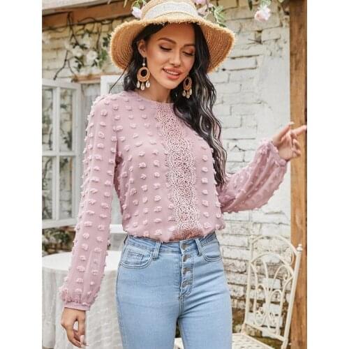 Elegant OL Solid Color Green Patchwork Lace Chiffon Casual Loose Women Blouse Autumn Long Sleeve O-neck Pullover Ladies Blouses