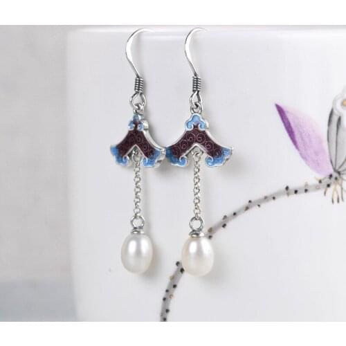 FNJ enameling Earrings 925 Silver 100% Pure Original S925 Silver Sterling Drop Earring for Women Jewelry Freshwater Pearl