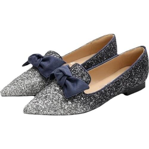 Women Loafer Shoes Fashion Sequined Fabric Comfortable Flat-Bottom Pointed Toe Bowknot Decorated Casual Womens Shoes