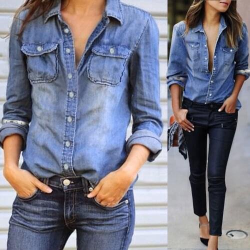 Womens Casual Jean Denim Shirts Vintage Ladies Pocket Long Sleeve Shirt Tops Blouse Female Slim Shirts male blusas mujer de moda
