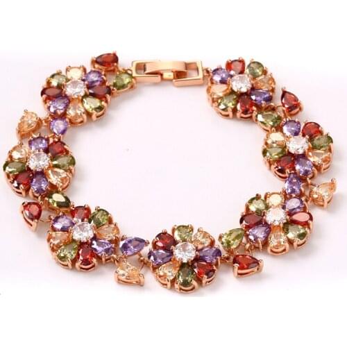 FYM fashion Rose Gold Color flower shape women Bracelet Colorful AAA Zircon Crystal Bracelet Femme Bracelets for Women Party