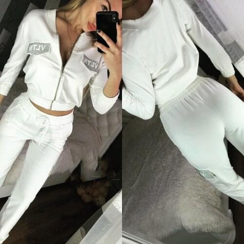 Womens Set 2019 Polyester Blends Full Zipper Pockets Autumn New Hot Drilling Letters Tops And Pants Women 2 Piece Outfits