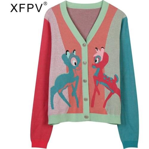 XFPV Woman Sweater Animal Print Kniited Long Sleeve V Collar Cardigan Loose Casual Style 2021 Autumn Korean Fashion SM739
