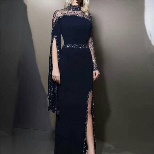 Sexy Dark Navy Long Straight Evening Dresses High Collar 2021 Women Full Sleeves Crystals Sequins Bling Prom Dress Side Split
