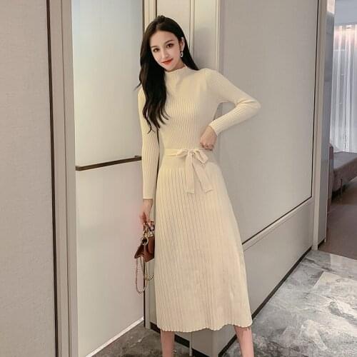 Long Knit Women A Line Pleated Dress Elegant O-neck Women Pullover Sweater Dress Christmas Holiday Party Dress
