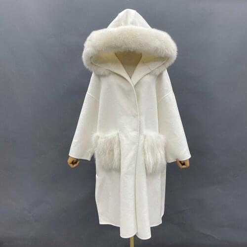 2021 New Wool Jacket With Fur Trim Hood Women Warm Soft Fox Fur Pockets Cashmere Coat Fashion Long Trench Coat Winter