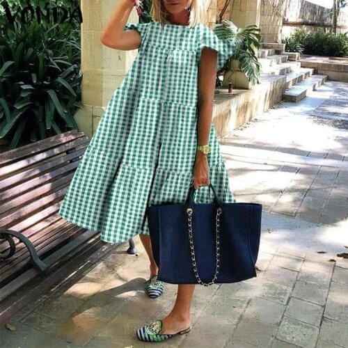 Women Midi Dress 2021 VONDA Vintage Butterfly Sleeve Plaid Ruffled Party Dress Beach Summer Sundress Casual Vestido Robe Femme