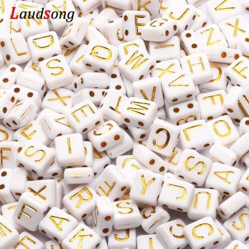 100pcs 8*9mm White and Gold Letter Acrylic Beads Square Double Hole Alphabet Beads For Diy Jewelry Making Bracelet Supplies
