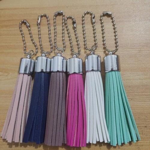 12 Pcs/lot Fashion Long Leather Tassel Key Chain Simple Silver Beads Cute Mini Pendant For Womens Bag Purse Charming 24 Colors