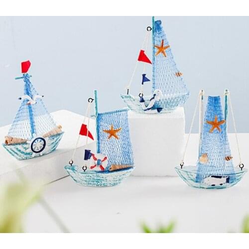 15CM Mediterranean Style Marine Wooden Blue Sailing Boat Decoration Wooden Crafts To Decorate Ornaments Home Party Decorations
