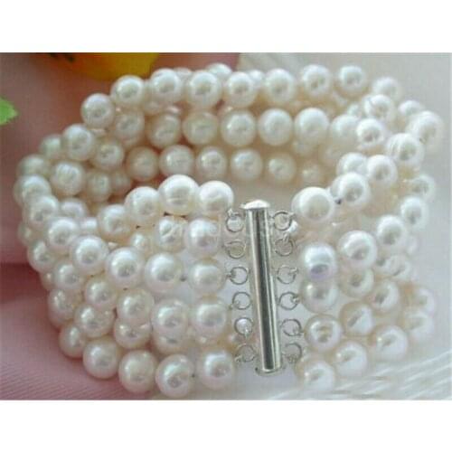 8" 6row 7-8mm baroque white pearls bracelet bangle magnet clasp Free shipping