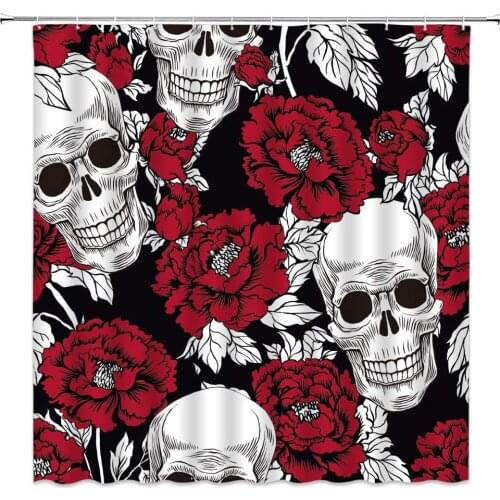 Floral Skull Shower Curtain Sugar Skull Skeleton Horror Art Home Decor Red Flower Simple Red Black Bathroom Curtains Decor Polye