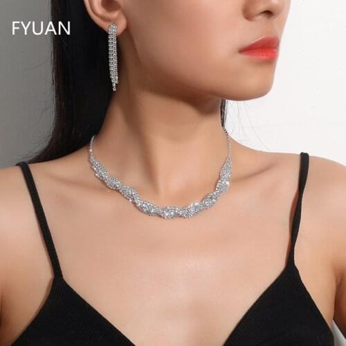 FYUAN Simple Geometric Crystal Rhinestone Necklace Earrings For Women Wedding Bride Jewelry Sets Accessories