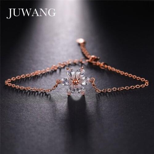 JUWANG New Fashion Cubic Zirconia Tension Setting Flower Charm Bracelet Bangles For Women Adjustable Chain Bracelets Jewelry