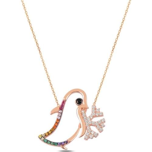 KUTAYDAN Karşık Color Zircon Stone Penguin & Snowflake Pendant 925 Sterling Silver