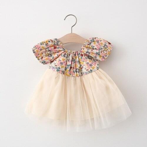 3 Colors Summer Baby Girls Sweet Dress Flowers Printed Ruffles Sleeve Lace Patchwork Tutu Mini Dress 0-3Y