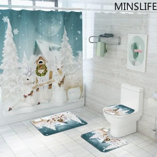 White Christmas Tree Elk Print Shower Curtains Set with Anti Slip Toilet Mat Rug Carpet Bath Products Bathroom Holiday Decor
