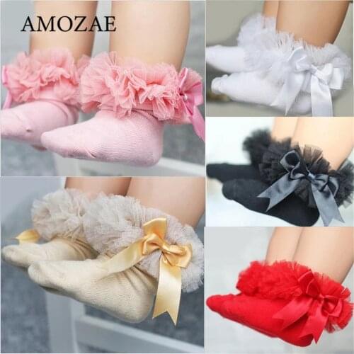 Baby Girls Socks With Bow Tie Lace Ruffle Princess Cotton Sokken with Ribbons Multi Colors Toddler Knitting Short Warm Sox 0-6T